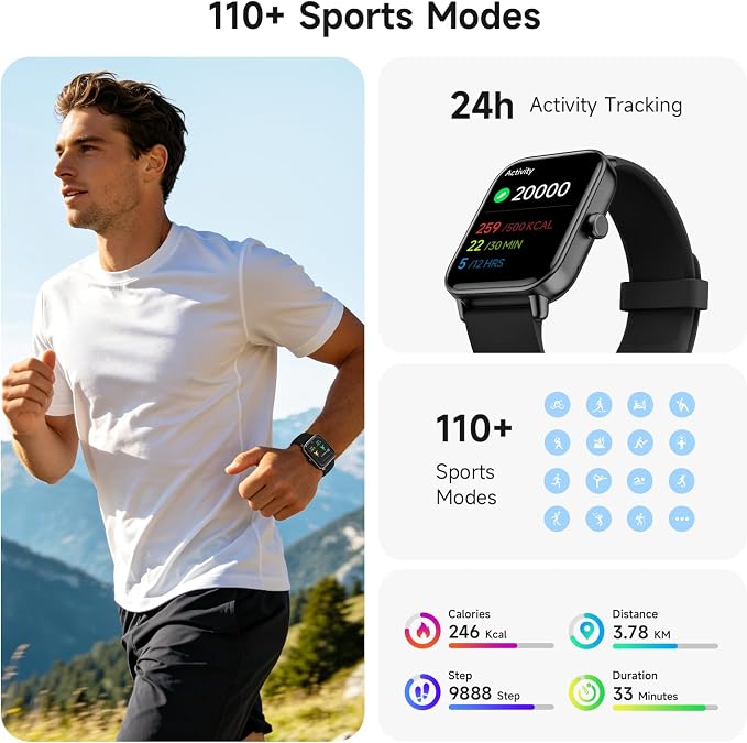Smart Watch for Men,1.85 inch AMOLED Touchscreen for Android & iPhone Alexa Built-in Bluetooth Calls,Fitness Watch 110+ Sport Modes Heart Rate/Sp02/Sleep/Calories Monitor IP68 Waterproof(Black, 1.85)