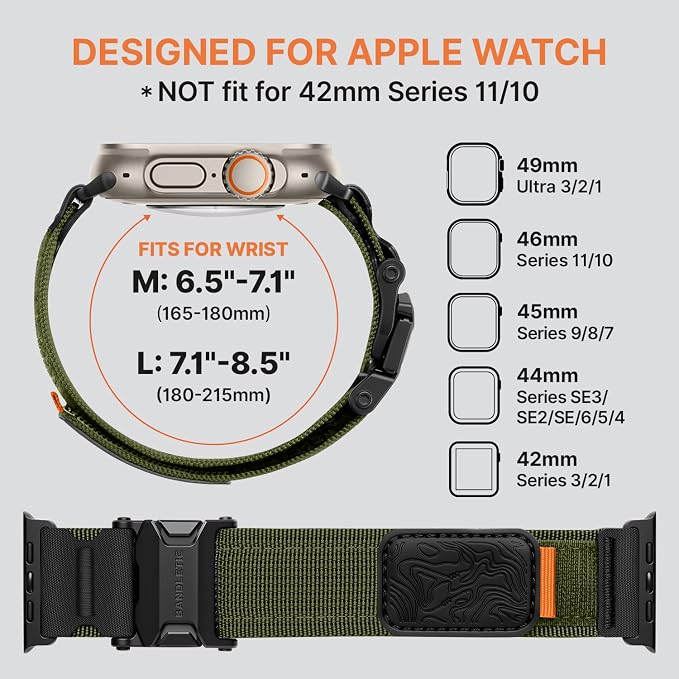 Bandletic Slim Bands Compatible with Apple Watch Series 11 10 46mm Band for Men - Rugged Tactical Strap with Magnetic Buckle for iWatch Ultra 3(49mm), Series 9/8/7(45mm), SE3/6/5/4(44mm), 3/2/1(42mm)