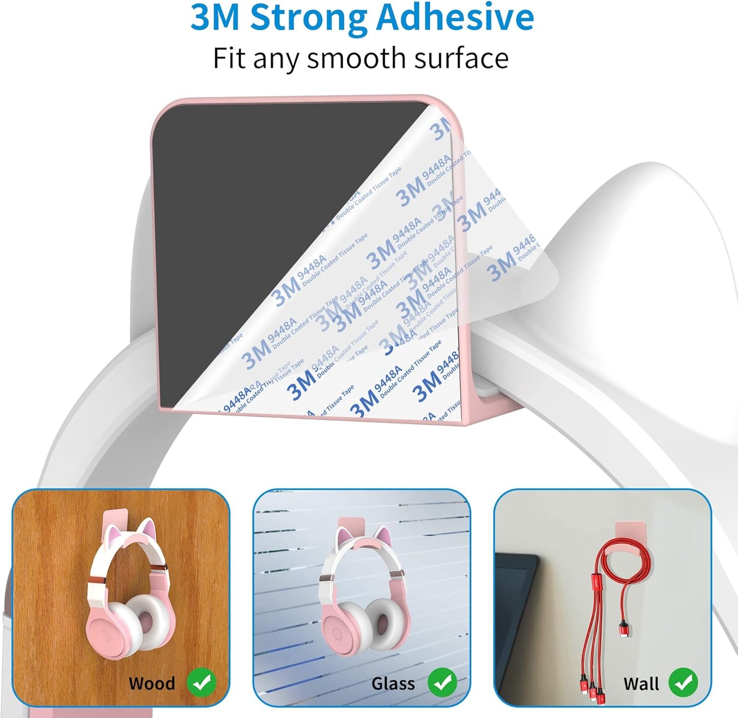 SOKUSIN Headphone Stand Headset Holder - Adhesive Gaming Earphones Hanger, Universal Desk Wall Mount Hook for All Headphone/Controller, Compatible with Beats, AirPods Max,Sony, JBL (Pink)