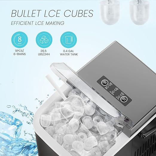 Ice Makers Countertop, Portable Ice Machine with Handle, 6 Mins 9 Bullet Cubes with Basket and Scoop, 26lbs in 24Hrs, Auto-Cleaning, for Home, Kitchen, RV, Camping, Black