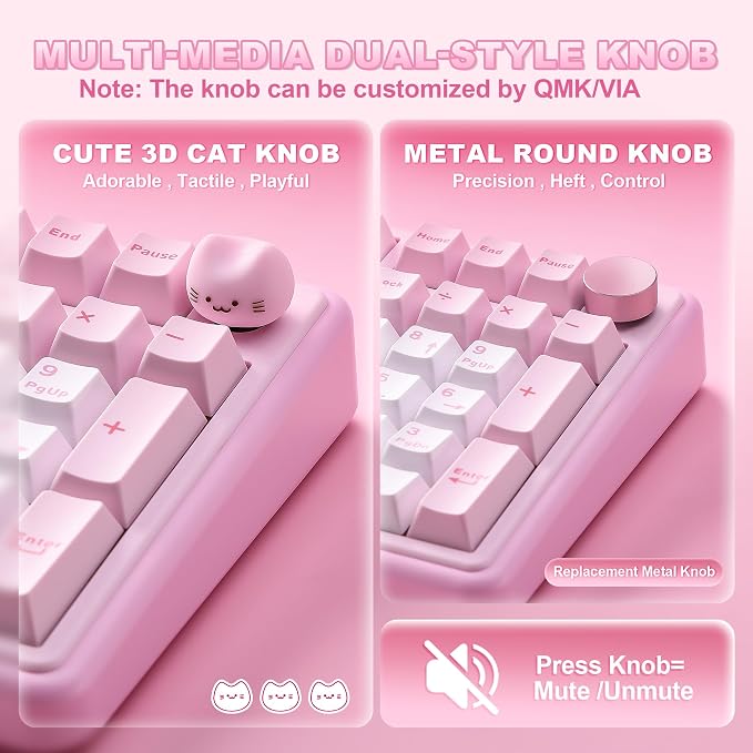 YUNZII B98 PRO QMK/VIA Wireless Mechanical Gaming Keyboard,96% Layout with Numpad and Cute Cat Knob, BT/2.4G/USB-C,Linear Switch Hot Swap Gasket,RGB for Win/Mac (Pink, Milk V2 Linear Switch)