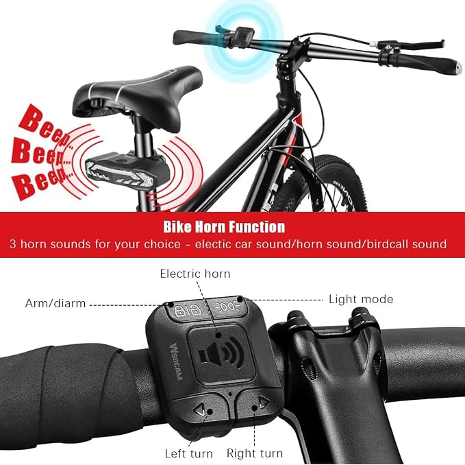 WSDCAM Smart Bike Light with Turn Signals, Brake Light, and Alarm Horn - Auto ON/Off Rechargeable Waterproof Rear Bicycle Tail Light with Remote