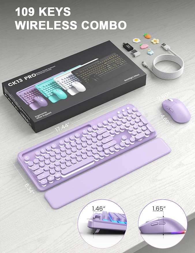 Wireless Keyboard and Mouse Combo - Backlit Typewriter Keyboard with Magnetic Wrist Rest & Phone Holder, Light Up Round Keys, 2.4GHz Cordless Set for Mac, Windows, PC, SABLUTE (Soft Lilac)