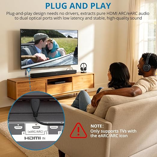 AUTOUTLET HDMI eARC/ARC to Dual Optical Audio Adapter, HDMI ARC to Optical Converter with 2 Toslink SPDIF Outputs for TV Soundbar Wireless Headphones, 192kHz, Dolby DTS 5.1