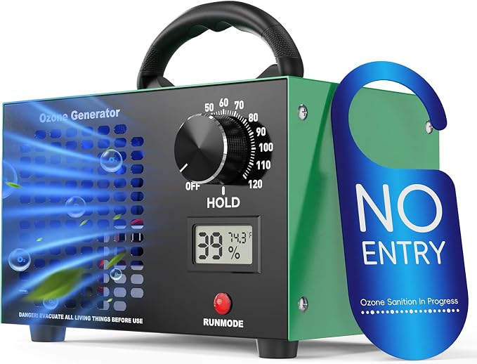 Ozone Generator 160,000mg/H with Temp/Humidity Display - 120 Min Timer O3 Ionizer Air Purifier for Large Spaces (5000 Sq.Ft) - Upgraded Ozone Machine for Cars, Homes, Hotels, Kitchens & Pet Areas
