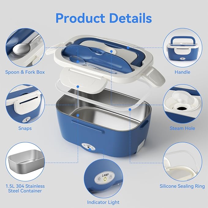 Vingud Electric Lunch Box for Adults, Heated Lunch Box Food Warmer, 80W Portable Heating Lunchbox for Men/Car/Truck with 1.5L Stainless Steel Container, 12V/24V/110V Lonchera Eléctrica Portátil Gift