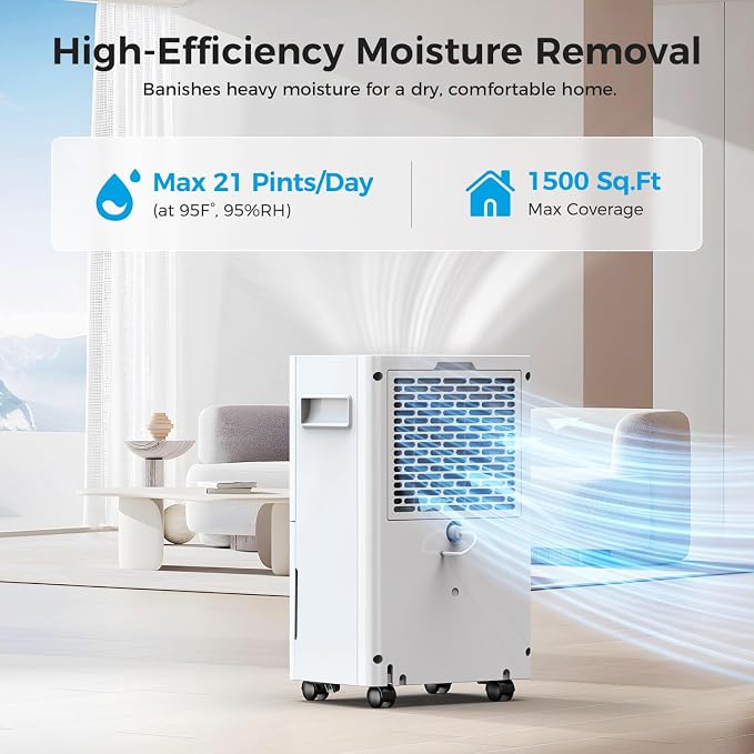 PLUSCENT 21 Pints Dehumidifier for Basement, 1500 sq.ft Portable Dehumidifiers for Home with Drain Hose, 3 Modes, Auto Defrost, 24H Timer, Quiet Smart Humidity Control for Bedroom, Bathroom, RV