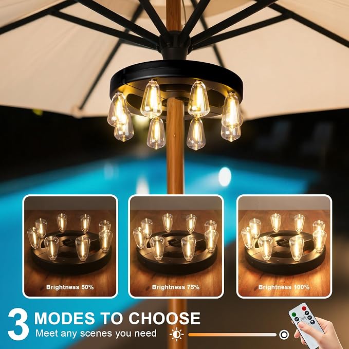 Patio Outdoor Umbrella Lights, Rechargeable Battery Cordless Umbrella Light with 8 Warm White Bulbs 3 Brightness Levels, for Patio, Garden, Backyard, Camping or BBQ
