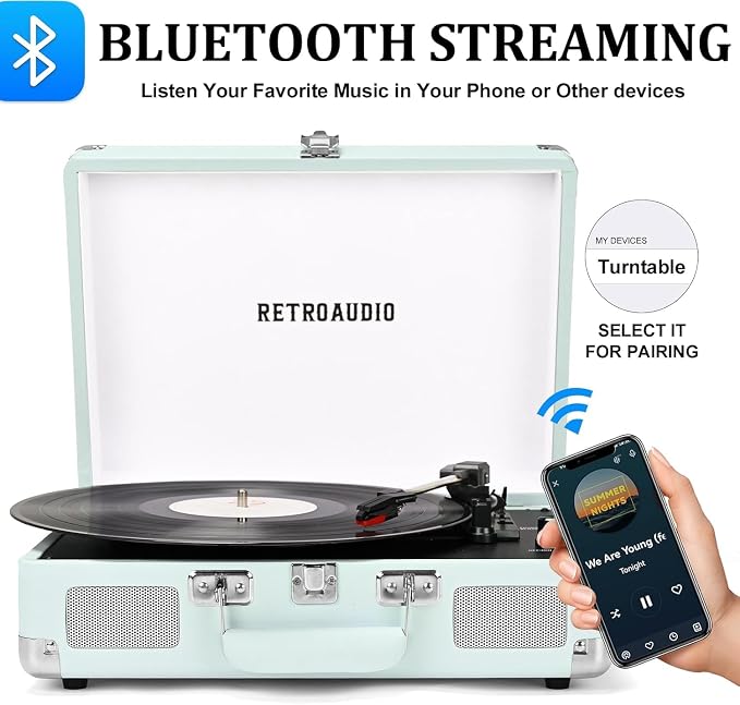 Vinyl Record Player Bluetooth Vintage Portable Suitcase Turntable with Built-in Speakers LP Player Support RCA Output and Headphone Output Light Cyan