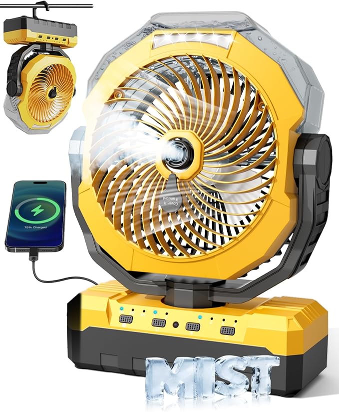 Portable Misting Fan, 36000mAh Rechargeable Battery Powered Camping Fan with 460ml Tank & 6.6ft Mist, 4 Speeds 2 Light Modes for Outdoor Patios Travel Jobsite Beach Summer Essentials - Yellow