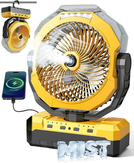 Portable Misting Fan, 36000mAh Rechargeable Battery Powered Camping Fan with 460ml Tank & 6.6ft Mist, 4 Speeds 2 Light Modes for Outdoor Patios Travel Jobsite Beach Summer Essentials - Yellow