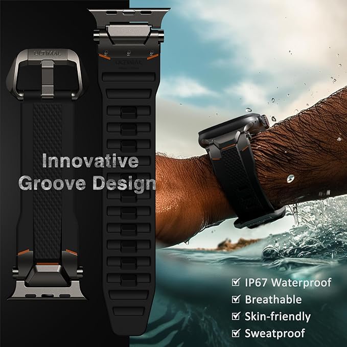 ULTIMAL Rugged Band for Apple Watch Ultra 3/2/1 49mm, Series 11/10/9/8/7/6/5/4 SE 46mm/45mm/44mm, Waterproof, Soft TPU Strap with Stainless Steel Buckle & Connectors, Sweat-Resistant, Easy to Clean, Fits 155-225mm Wrist (Black/Gray)