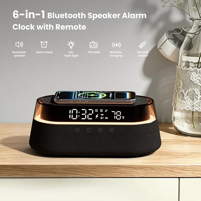 6-in-1 Bluetooth Speaker Alarm Clock with Remote, FM Radio & Dimmable LED Night Light, 15W Fast Wireless Charger, Dual Digital Clock for Bedroom Home Office, Ideal Gifts for Him, Men Women
