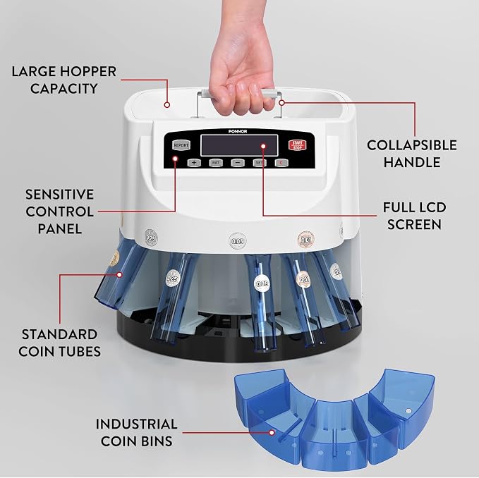 PONNOR Coin Counter Machine Sorter Change and Wrapper Roller Counting Organizer Sorts up to 300 Coins Per Minute Automatically Sorts and Batches - White