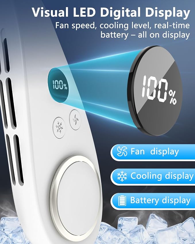 AJGJF Neck Fans that Blow Cold Air,5500mAh Neck Fan with Cooling Plate, 5 Speeds & 3 Cooling Levels, LED Display Battery & Speed, USB-C Rapid Charging, Hands-Free for Travel, Hiking, Gym White