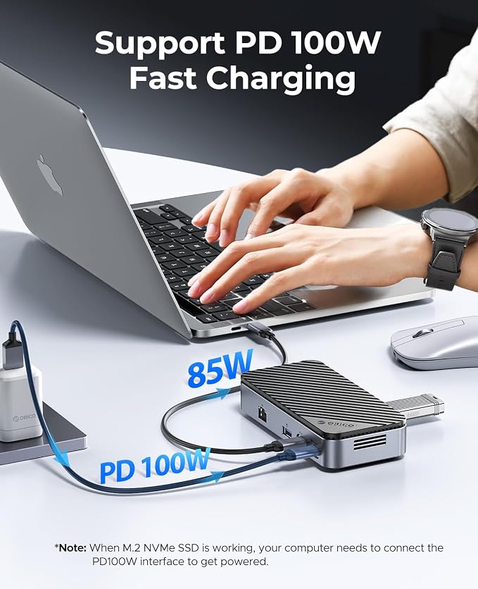 ORICO 9-in-1 USB C Hub with M.2 NVMe SSD Enclosure 10Gbps, Tool Free Hub Docking Station with Built-in Fan, Gigabit Ethernet, 100W PD, SD/TF, Type C & USB A for Laptop MacBook