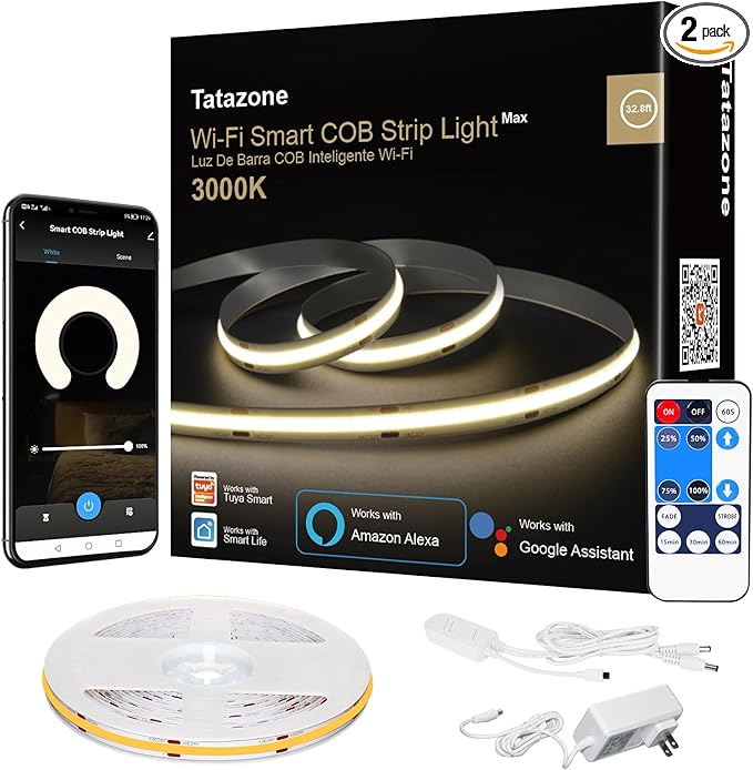 Tatazone Smart White COB Led Strip Light with Remote, 32.8ft 3000K Bright Warm White WiFi COB Light Strip Work with Alexa Google, Dimmable Indoor Led Lights for Cabinet, Room