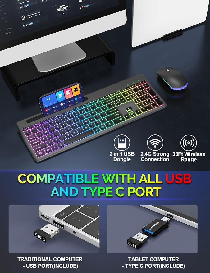 Wireless Keyboard and Mouse, 15 Backlit Effects, Slim Rechargeable Keyboard & Mouse Combo with Phone Holder, Light Up Keys, Lag-Free USB-A & C Cordless Set for PC, Laptop, Windows- by SABLUTE