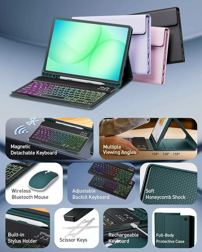 Keyboard Case for Samsung Galaxy Tab A11 Plus 11 Inch 2025/ A9+ Plus 2023 Tablet, Detachable Rainbow Backlit Wireless Keyboard and Mouse, Slim Stand Cover with S Pen Holder (Green)