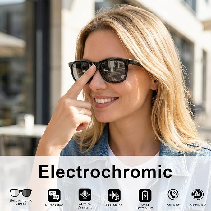 Electrochromic AI Glasses for Men & Women, Bluetooth Smart Glasses Powered by ChatGPT, AI Real-time Translation with 164 Languages, Music Play, Hands-Free Calls, Sunglasses for Daily Use, Travel