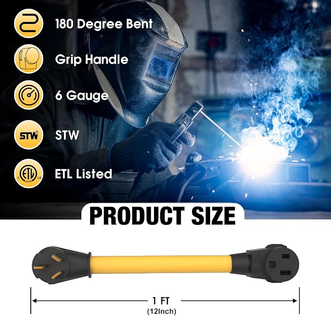 NEMA 10-50P to 6-50R Heavy-Duty Welding Plug 250V Adapter Range Stove Oven to Welder Plasma Cutter 50 Amp with Ergonomic Handle STW 6 AWG*3C 1FT