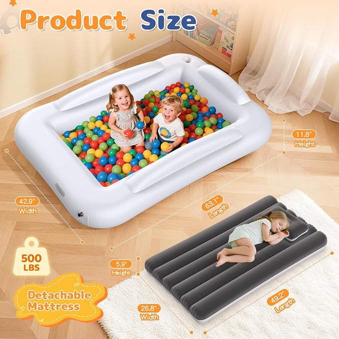 Inflatable Toddler Travel Bed - Portable Toddler Kids Travel Bed with Safety Sides Complete Kids Air Mattress Set with High-Speed Pump, Ideal for Vacation Camping and Sleepover (60 Inches)