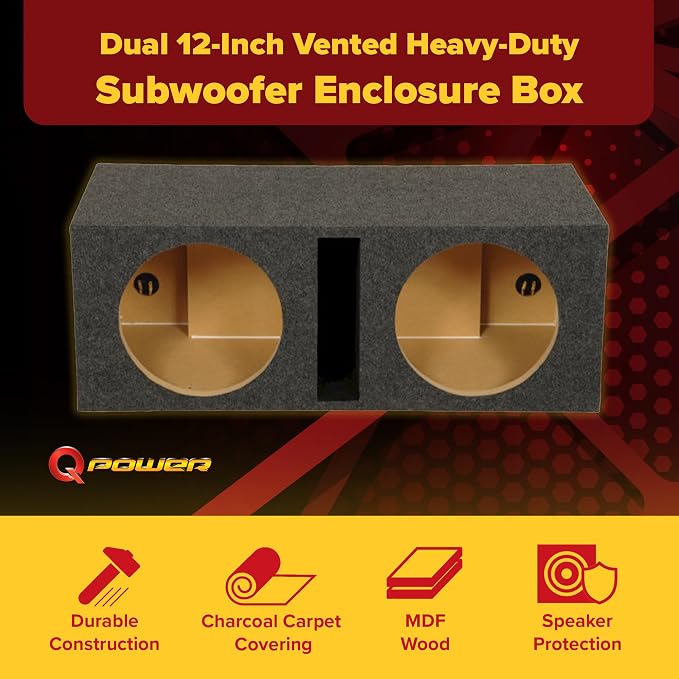 Q Power 2 Hole 12-Inch Vented Heavy Duty Subwoofer Enclosure with 1-Inch Thick MDF Face and Gold Tipped Spring Loaded Terminal Charcoal Grey