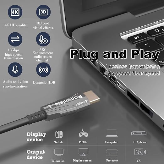 4K HDMI 300FT Cable Fiber Optic, HDMI 2.0,18Gbps 4K@60Hz (4:4:4 HDR10 HDCP2.2 ARC CEC) Ultra HD One-Direction Cord Ethernet Audio Return Compatible with UHD TV Monitor Laptop Xbox PS4/PS5 ect
