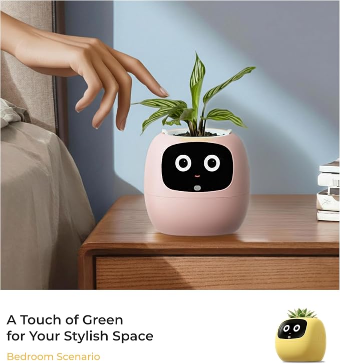 PLANTSIO Ivy AI Smart Planter Intelligent Flower Pot for Home Decoration Plants Companion Neat Desk Setup Gift Pet Planter Robot Guidance on Plant Care with Emojis (Pink)