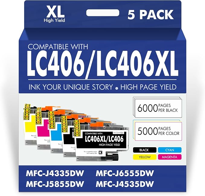 Cool Toner LC406XL LC406 Ink Cartridges for Brother Printer MFC-J4335DW MFC-J5855DW LC 406 XL for MFC-J6555DW MFC-J4535DW MFC-J6955DW MFC-J4345DW MFC-J5955DW HL-JF1 5 Pack-2Black Cyan Magenta Yellow
