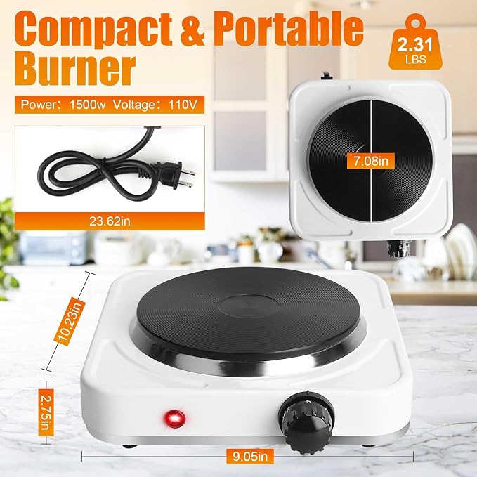 Portable Hot Plate, 1500W Cast Iron Single Countertop Burner, Electric Stove with 5 Levels Adjustable Temperature, Cooktop for Home RV Camping, Easy to Clean, White