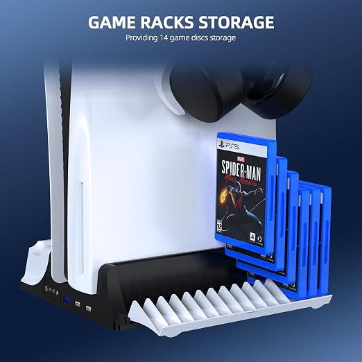 JOYTORN PS5 Vertical Stand with Cooling Fan and Dual Controller Charger Station for PlayStation 5/Slim Console, PS-5 Accessories with Headset Hooker,14 Game Rack Storage, Media Remote Organizer