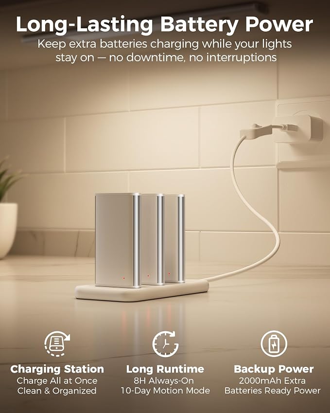 EZVALO Under Cabinet Lighting with Charging Station & 6 Swappable Batteries, Wireless Motion Sensor Light Indoor, 3 Color Temps & Dimmable LED Closet Lights for Kitchen, Stairs, Pantry