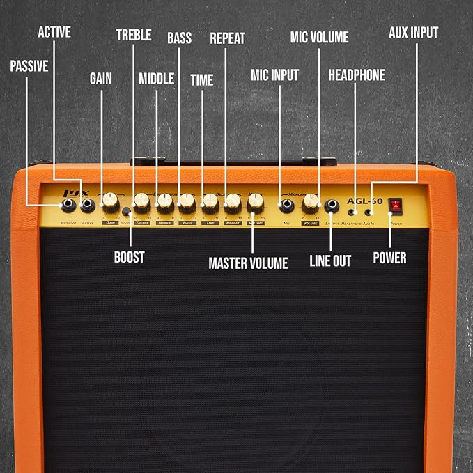 LyxPro 60 Watt Electric Guitar Amplifier, Combo Solid State Studio & Stage Amp with 10” 4-Ohm Speaker, Custom EQ Controls, Drive, Delay, ¼” Passive/Active/Mic Inputs, Aux In & Headphone Jack-Mahogany