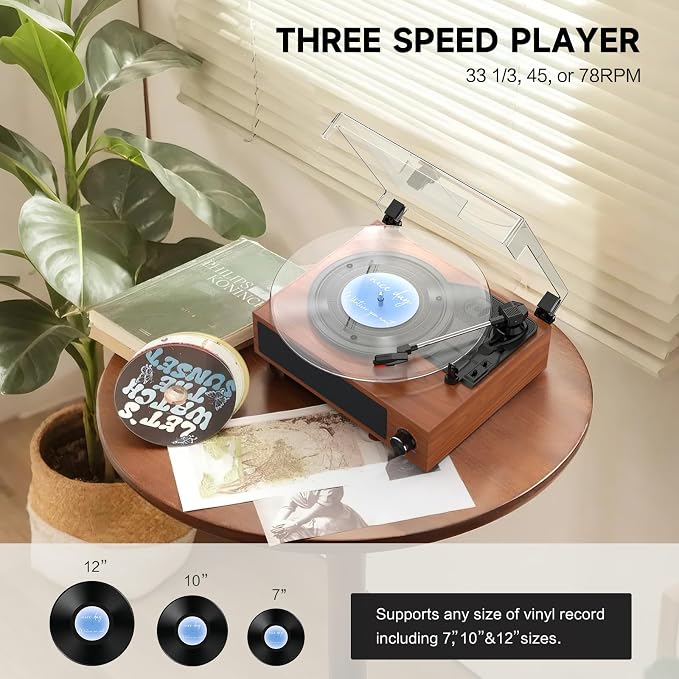Vintage Record Player with Built-in Stereo Speakers Turntable Vinyls Records LP Phonograph Belt Drive 3 Speed 3 Size Support Wireless Input RCA Output Auto Stop Retro Wooden Walnut Red
