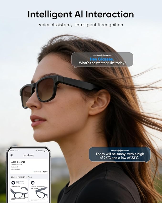 CJkao Smart Glasses with Camera for Men, Video Recording, Voice Recording, Voice Assistant Control, Bluetooth Music, AI Glasses for Teenager