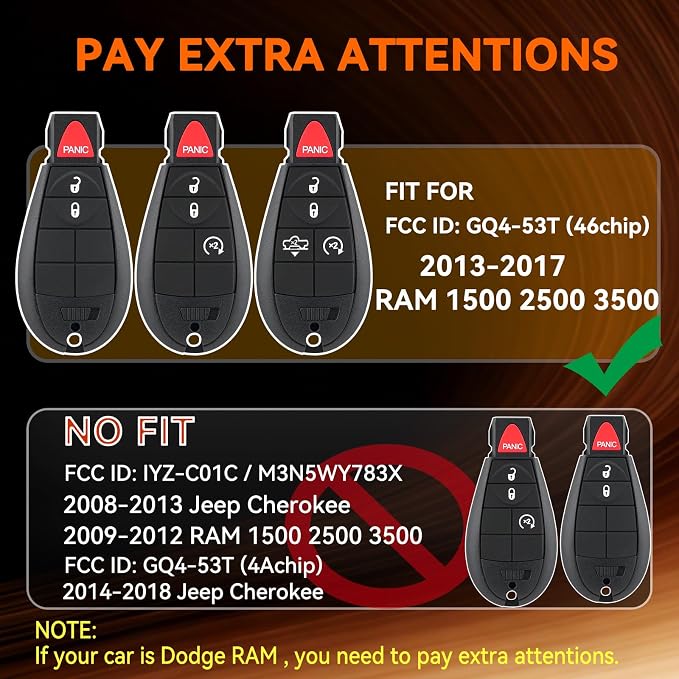 DIY Remote Key Fob Replacement for RAM 1500 2013 2014 2015 2016 2017 2500 3500 Truck Simple Remote Key Easy to Replace Kit GQ4-53T 46chip with Interchangeable Buttons Pad