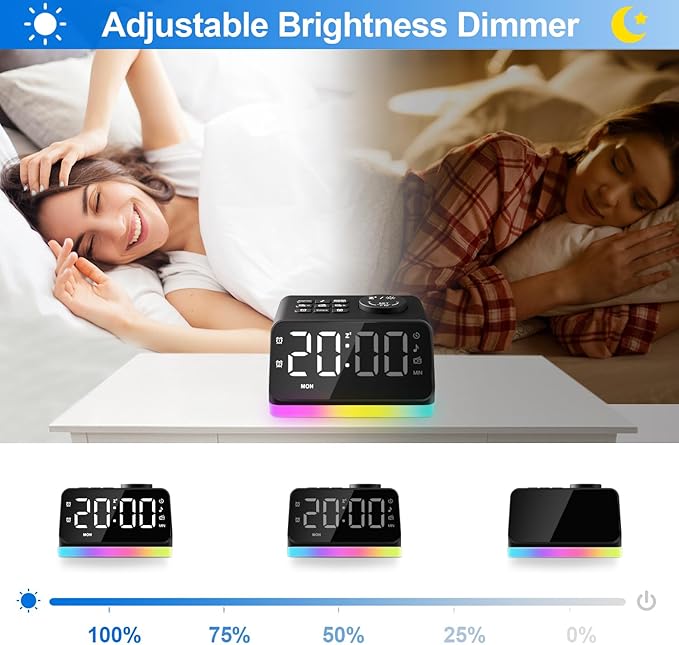 JALL Digital Alarm Clock with FM Radio for Bedroom, 8 Colors Night Light with 2 Charging Port, Sleep Sound Machines with Timer, Dual Alarm, Loud Alarm and Easy to Use for Seniors as Gift