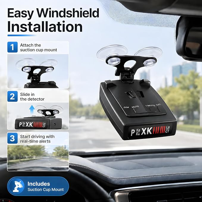 Radar Detector for Cars, Long Range Full-Band Laser Detection with Voice Alerts, False Alert Filter, City/Highway Modes, Windshield Mount, Black