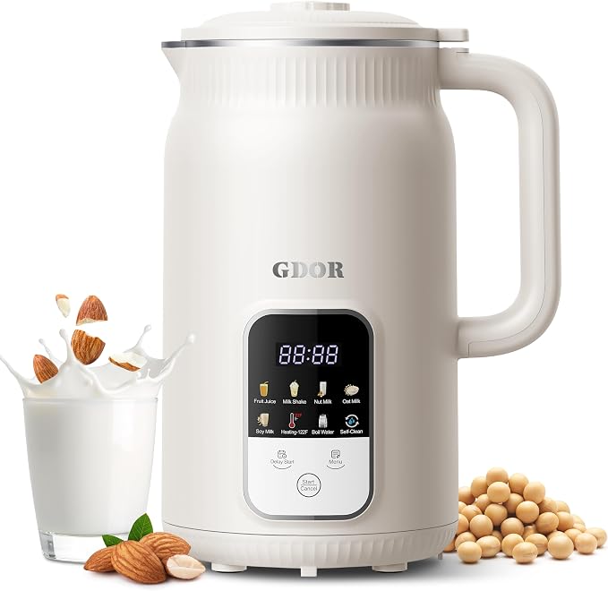 GDOR 35oz Nut Milk Maker, 9-in-1 Automatic Plant Milk Machine for Almond, Oat & Soy, Smoothies & Juice, 12 Stainless Steel Blades, Keep Warm, 12H Delay & Self-Clean