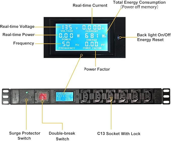 19 Inch 6 C13 Metered PDU Rack Mount Power Distribution Units, 110-250V 15A 1U Rackmount Surge Protector Power Strip with Power Meter and OLED Screen Amp Voltage Display