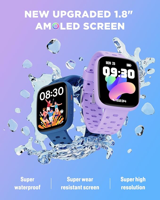 BIGGERFIVE Kids Watch No Phone Needed, 1.8" Amoled Smart Fitness Watch Pedometer, Heart Rate, Sleep Tracker, 30m Waterproof, Step Counter, Puzzle Games, 100+ Dials, Gifts for Girls 5-16, Lilac