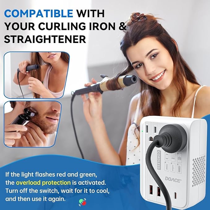 DOACE 350W Travel Voltage Converter US to Europe 220V to 110V Converter for Curling Iron Straightener Converter for European Travel 4 USB Charging Universal Power Plug Adapter UK/AU/US/EU, White