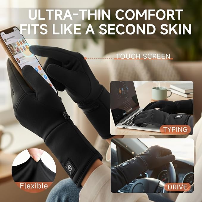 Heated Glove Liners for Men & Women, Thin Flexible Rechargeable Electric Gloves with Long-Lasting Battery for Typing
