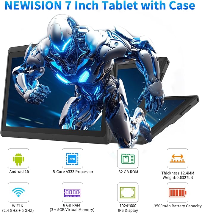 7 Inch Tablet with Case, Five Core Android 15 Tablets, 8GB RAM 32GB ROM 512GB Expand, 1024x600 IPS HD Display, 3500mAh,Dual Camera, USB C Tablet PC (Black)