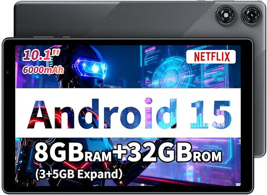 Tablet 10 inch Android 15, 8GB RAM 32GB Storage, 1280x800 IPS HD Display, GMS Certified, 6000mAh Battery, Type-C, WiFi Tablet, Expandable to 1TB, Grey