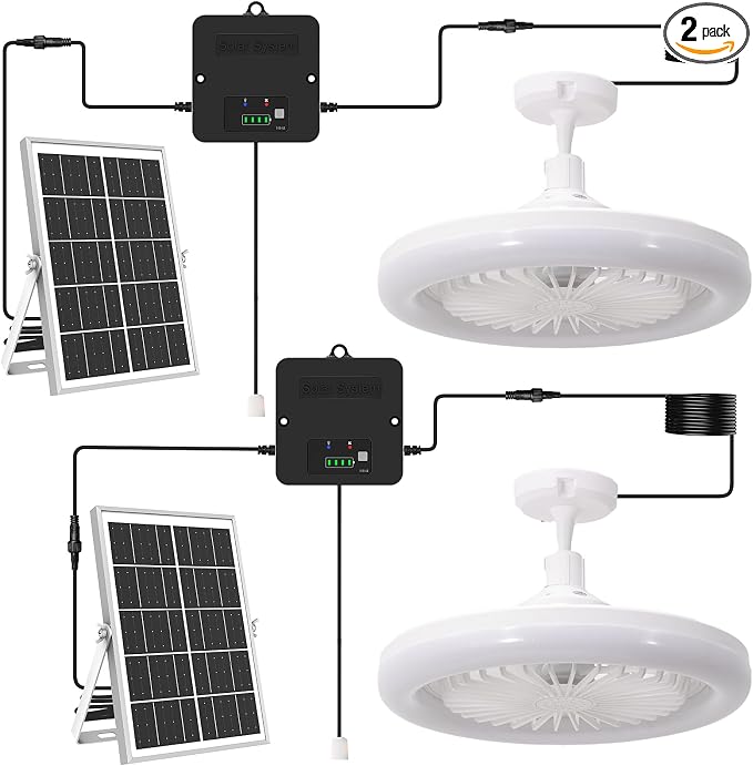 10.2 in Solar Ceiling Fan with Light Indoor Outdoor, Daytime Available Solar Shed Fan Light with Pull String, 3-in-1 Modes, IP65 Waterproof for Gazebo, Shed, Barn, Patio, Chicken Coop (2 Pack)