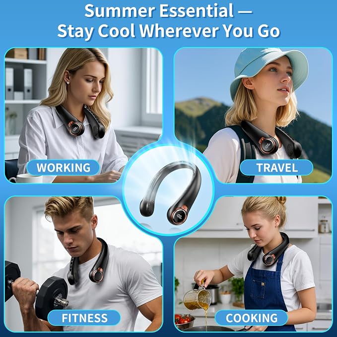 BNBZ Portable Neck Fan, 6000mAh Rechargeable Fan Blows Cold Air with LED Display, 4 Speeds, 20H Runtime, Quiet Wearable 360° Personal Cooling Fan for Outdoor Travel Work Gym,Fireplace Fans