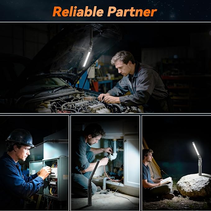 2Pack Magnetic Rechargeable LED Work Light/Flashlight for Mechanics | All Aluminum, 1500 High Lumens, Digital Display, 7 Modes, 360° Rotation, for Car Repairing, Emergency, Gifts for Father