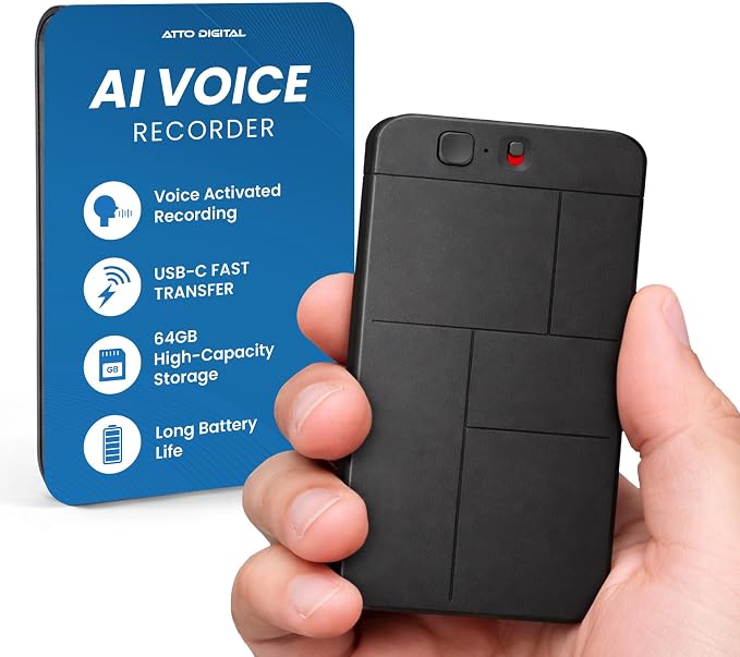 aTTo Digital AI Voice Recorder – AI Transcription, Multiple Languages & Noise Cancellation – 64GB Memory, 500 Hours Recording & 30-Hour Battery – Portable, Compact Design for Professionals & Students